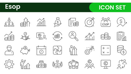 Outline icons about ESOP employee stock ownership plan. Contains such icons as company, win-win, scheme and benefits.