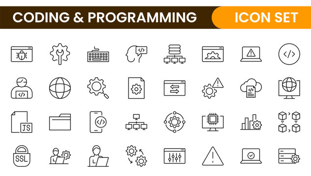 Programming coding set of web icons in line style. Software development icons for web and mobile app. Code, api, programmer, developer, information technology, coder and more.