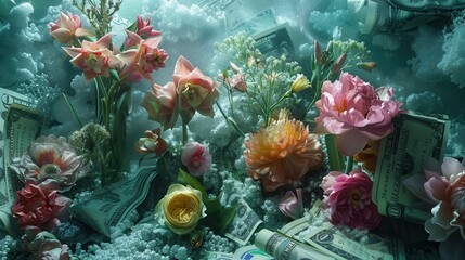 A variety of flowers blooming amidst banknotes in a freezer, detailed background, symbolizing wealth and abundance, set in a surreal cold setting
