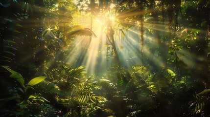 Fototapeta premium Sunbeams Through Tropical Rainforest