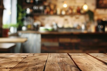 A rustic kitchen bench with an empty wooden table against a blurred background, creating a warm and inviting atmosphere perfect for cooking and family gatherings.