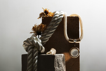 Necklace and ring with massive natural stones. Jewelry made of gold and silver on a white background. Stylish compositions with hard shadows and natural stones. Top view.