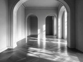 Interior hallway. Hallway of modern classic interior with bright light from windows make shade and shadow on wall and floor.