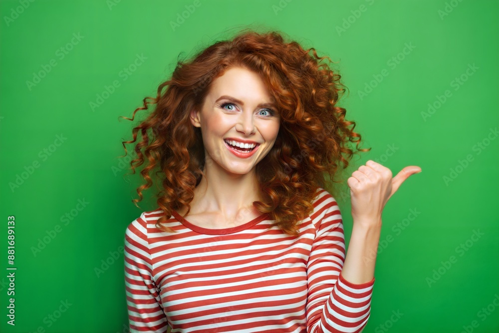 Wall mural a beautiful red-haired, freckled, curly smiling girl on a green background shows with her hand.