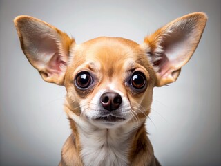 Obraz premium Adorable chihuahua sits with paws on head, covering ears, gazing up with big brown eyes, offering a sweet and playful expression and ample copy space.
