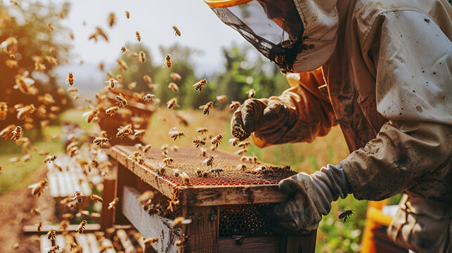 Beekeeper removing honeycomb from beehive. Person in beekeeper suit taking honey from hive. Farmer wearing bee suit working with honeycomb in apiary. Beekeeping in countryside. Organic farming ai gene - Powered by Adobe