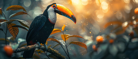 Fototapeta premium Photo of full body toucan, unfocused background, with empty copy space