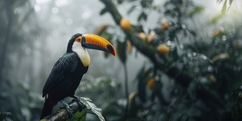 Obraz premium Photo of full body toucan, unfocused background, with empty copy space