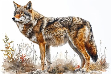 Artistic depiction of a standing wolf with flora