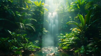 Obraz premium A waterfall in the jungle with sunlight shining through.