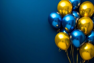 A blue background with gold and blue balloons.