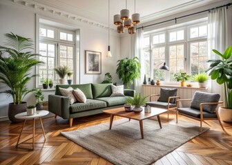 Elegant living room with comfortable sofa, mid century modern furniture, cozy carpet, wooden floor, white walls, and lush green home plants exuding Scandinavian charm.