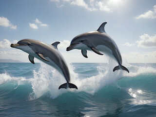 Dolphins Leaping Over Ocean Waves at Sunset