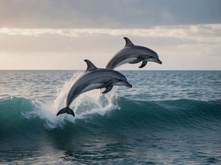 Dolphins Leaping Over Ocean Waves at Sunset