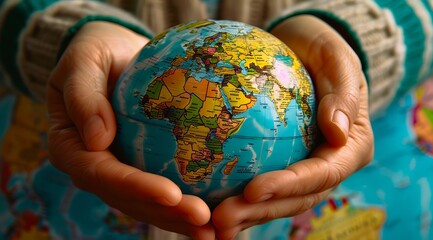 A person holding a globe in their hands.