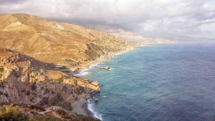  A breathtaking view of Palm Beach in the Mediterranean Sea near the town of Preveli on the island of Crete, Greece