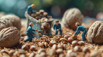 Miniature of workers who are digging and harvesting nuts, almond. HD 4k wallpaper background photos.