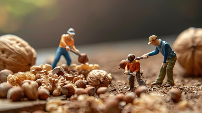 Miniature of workers who are digging and harvesting nuts, almond. HD 4k wallpaper background photos. - Powered by Adobe