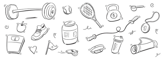 Sport gym sketch health icon set. Hand drawn sketch doodle healthy sport, gym fit exercise equipment icon.Doodle hand drawn tennis ball, bottle, dumbbell fit equipment. Vector illustration.