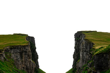 Steep cliffs on both sides with a gap in the middle. Isolated from the white background.