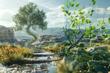 Fototapeta premium Magical Forest Scene with Twirling Tree and Floating Orbs.
