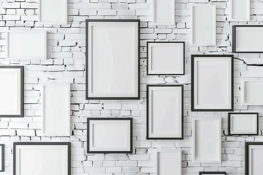 A wall of white frames on a brick wall.