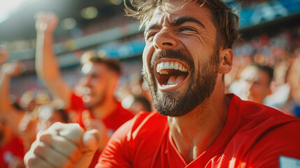 Fototapeta premium Vibrant celebration: spanish fans cheer and celebrate in stadium stands during soccer game, capturing passion and excitement of devoted supporters reveling in thrilling atmosphere.