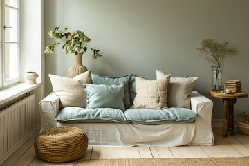 A living room with a couch and pillows.