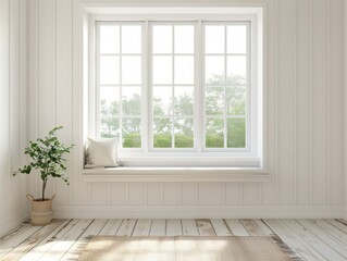 White empty room with green landscape in window. Scandinavian interior design.