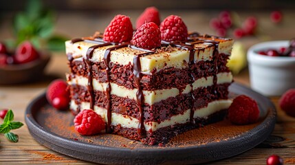 A slice of chocolate cake with raspberries on top.