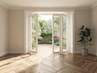 Obraz premium Empty room, wall, window, parquet style, interior concept, area for furniture sofa table carpet decoration.