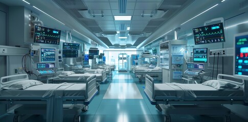Intense hospital ICU with multiple medical monitors displaying vital signs and equipped with life-saving equipment