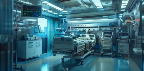 Fototapeta premium Intense hospital ICU with multiple medical monitors displaying vital signs and equipped with life-saving equipment
