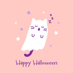 Cute Happy Halloween print with white sleeping ghost cat on pink background. Vector flying Halloween character, Kawaii cartoon kitten spirit illustration.