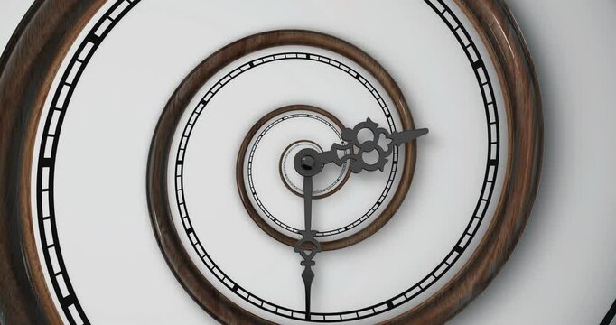 3D image of abstract clock with a spiral dial and hands. The clock features a complex design where the dial twists into a spiral, creating an effect of infinite motion. The clock hands are at the