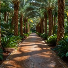 Obraz premium Palm Tree Lined Pathway in a Lush Garden