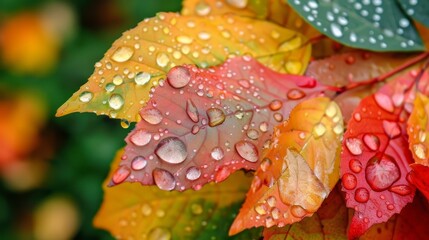 Autumn s natural beauty  raindrops on colorful fall foliage, a stunning display of nature s artistry