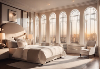 Blurry bedroom interior for background. Beautiful blurred background of a art deco interior design style bedroom with panoramic windows. Blurry bedroom  interior design  with unfocused effect