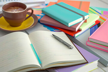Naklejka premium Colorful stationery, new notepads, a pen and a cup of hot chocolate.