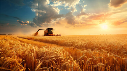 Fototapeta premium Harvester Operating in a Golden Wheat Field Under a Bright Blue Sky