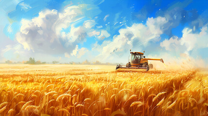 Fototapeta premium Harvester Operating in a Golden Wheat Field Under a Bright Blue Sky