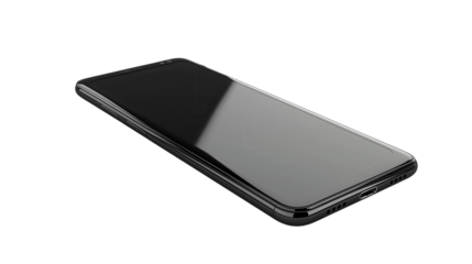 Sleek modern smartphone with a black screen, angled view, isolated on white background.