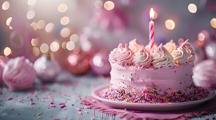 A beautiful pink birthday cake with sprinkles and a single lit candle, surrounded by festive decorations