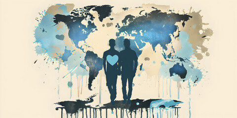 Abstract World Map with Couple and Heart  Artistic Representation of Global Love, Unity, and Connection Through Watercolor Design