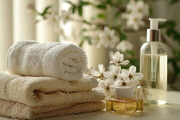 Elegant composition of spa tools, including fluffy towels, herbal compresses, and skincare products, enhancing the serene ambiance of a wellness spa. The image conveys luxury and relaxation through