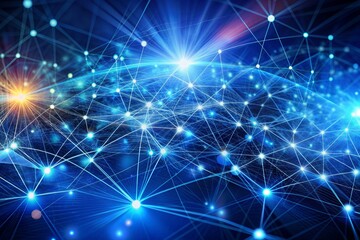 Fototapeta premium Vibrant blue abstraction of interconnected nodes and swirling data streams, representing technological advancements in artificial intelligence, neural networks, and digital data processing.