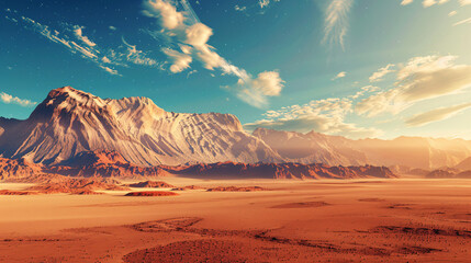 Naklejka premium Scenic desert landscape on planet Mars, illustrating the red planet's barren and rocky terrain. Suitable for scientific and space-themed usage.