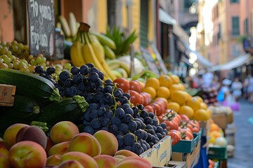 fruits and vegetables for sale at the market in naples, italy. zucchini, peaches, grapes, tomatoes, olives on display.
