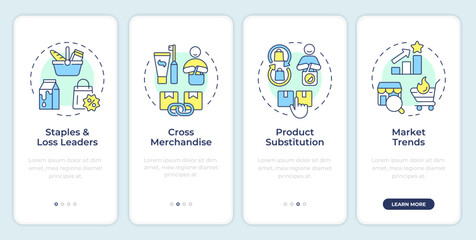 Product assortment optimization onboarding mobile app screen. Walkthrough 4 steps editable graphic instructions with linear concepts. UI, UX, GUI template. Montserrat SemiBold, Regular fonts used