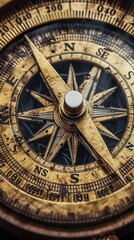 Obraz premium Close-up of a vintage brass compass with intricate engravings and a detailed compass rose, pointing north. The weathered look adds to its antique charm.